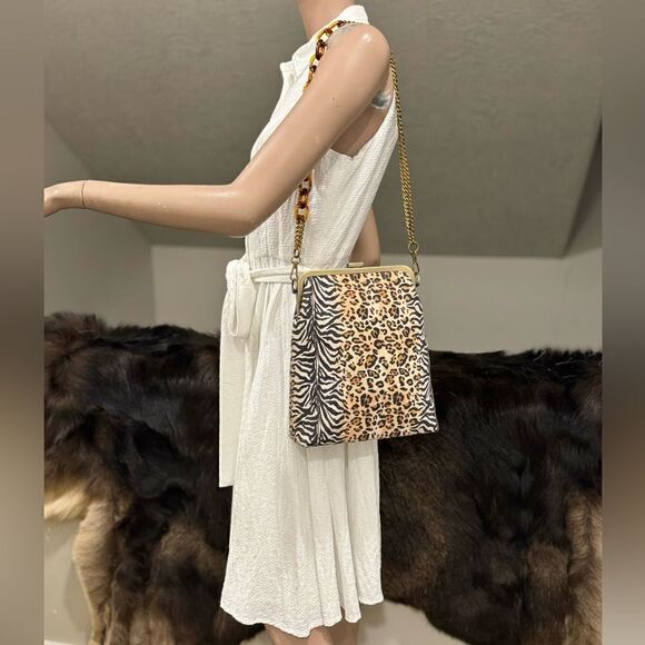 Handmade Genuine Embossed Leather Leopard Print, Metal Frame Handbag/Crossbody - Picture 2 of 14
